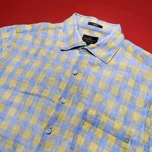 Rodd & Gunn Sports Fit Short Sleeve 100% Linen Plaid Check Shirt Men Size Medium